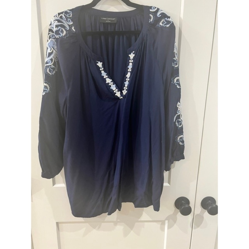 Lane Bryant Womens Navy Blue Embroidered Floral Peasant Blouse Top Size 16